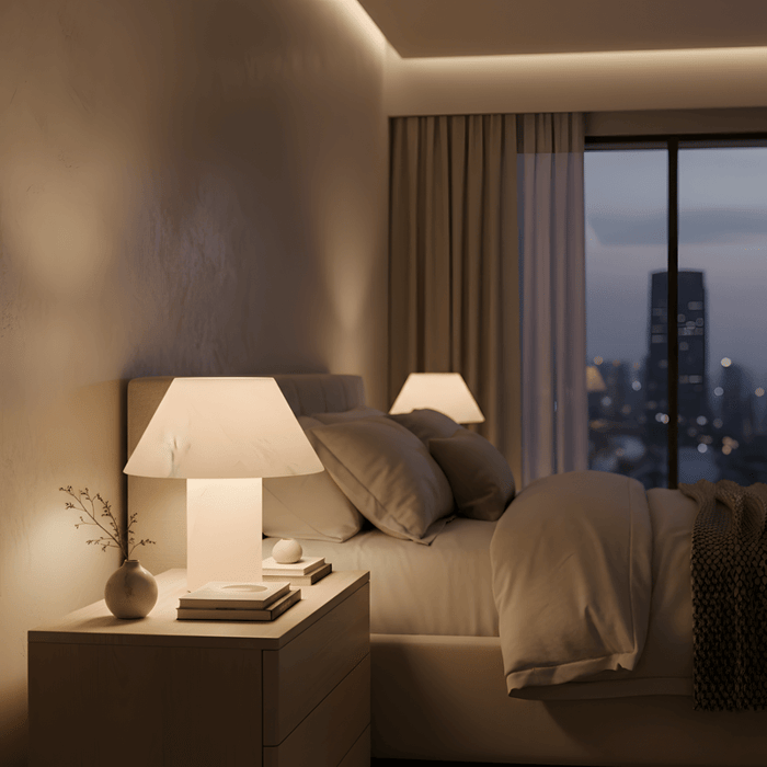 Bedroom interior with alabaster bedside lamp, soft warm lighting, upholstered bed, and evening city view.