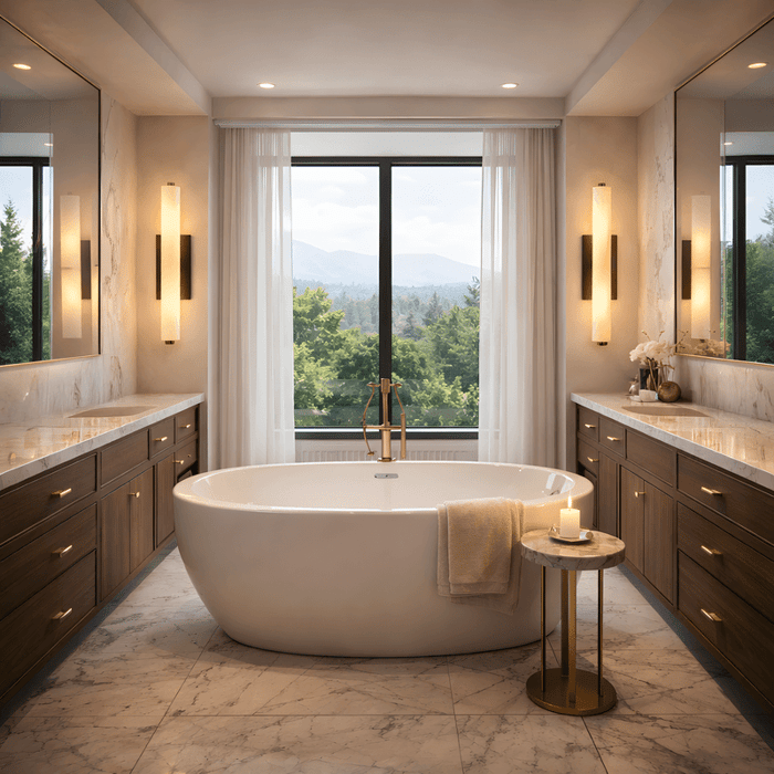 Luxury bathroom with freestanding bathtub, wall sconces, marble flooring, and large window view.