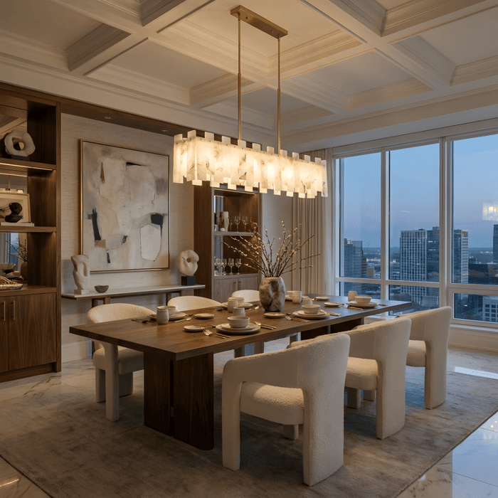 Contemporary dining room with rectangular alabaster pendant light, wooden table, and floor-to-ceiling city views.