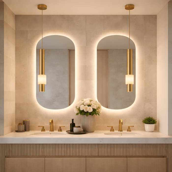 Elegant bathroom vanity with twin oval backlit mirrors, gold pendant lights, and warm ambient lighting.