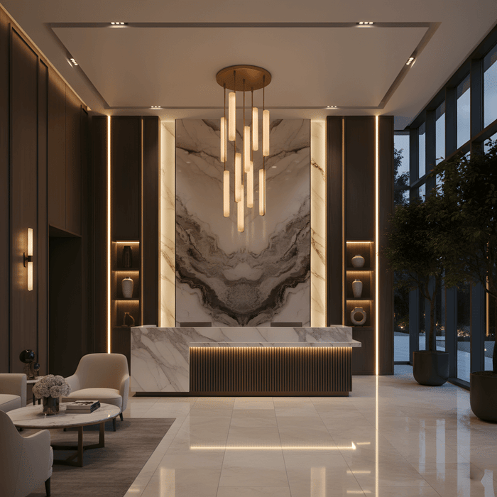 Modern lobby interior with vertical alabaster chandeliers above marble reception desk and warm recessed lighting