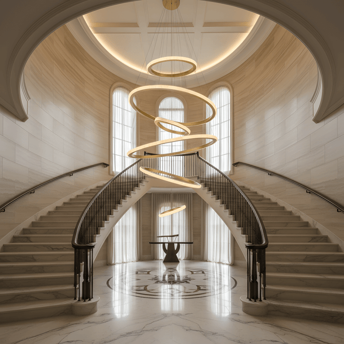 Double staircase entrance hall featuring sculptural spiral ring chandelier in a high ceiling atrium.