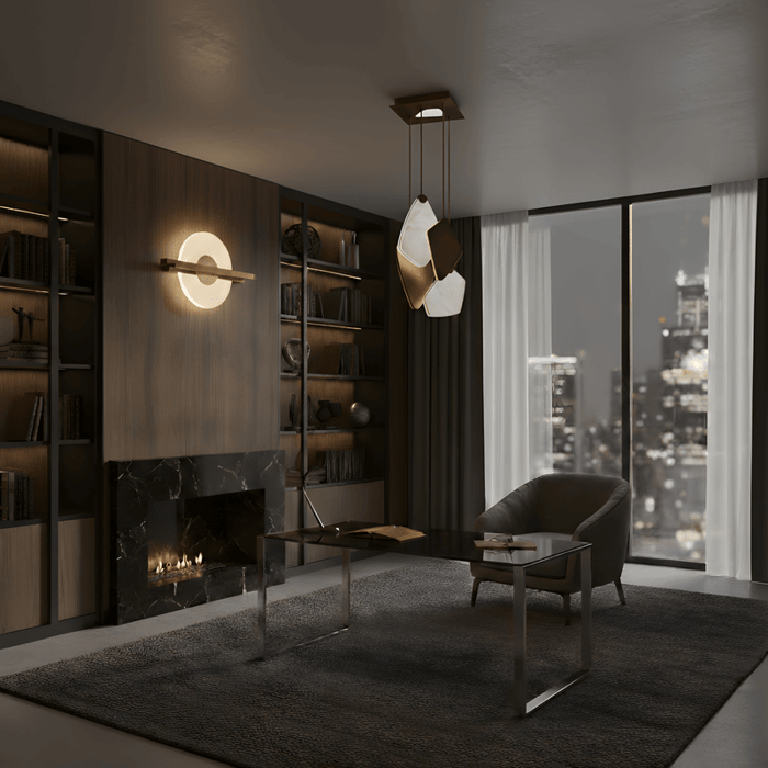 Luxury lounge with geometric alabaster pendant light and circular wall sconce beside fireplace.