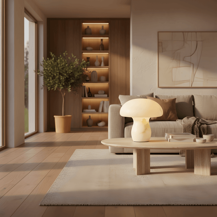 Modern living room with alabaster lighting table lamp on wooden coffee table, warm ambient lighting and minimalist interior design.