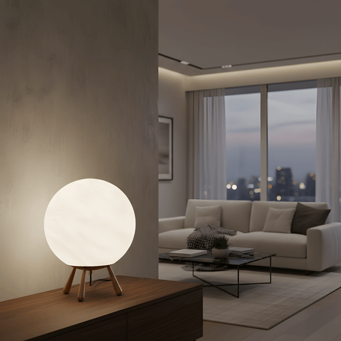 Glowing alabaster sphere table lamp on wooden console in contemporary living room with city view at dusk.