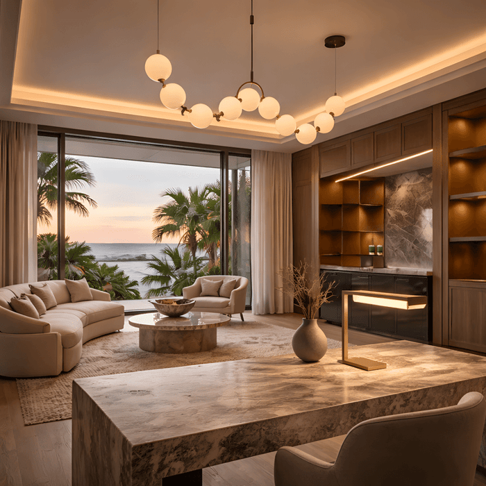 Luxury open-plan living space with globe pendant chandelier, marble dining table, and warm layered lighting at sunset.