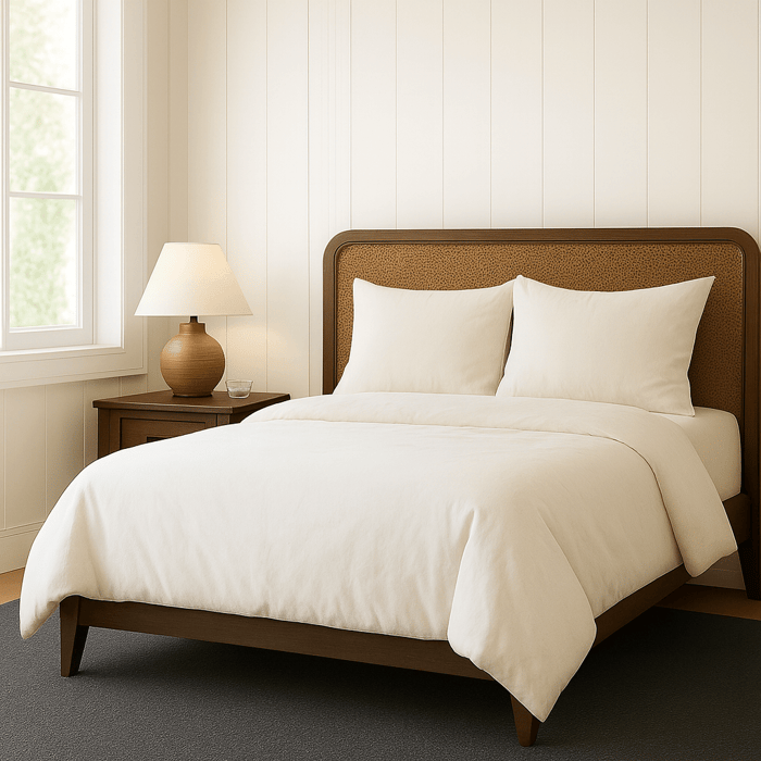 Minimalist bedroom with a neatly made bed in white organic bedding, warm wooden furniture, and natural light from a window.