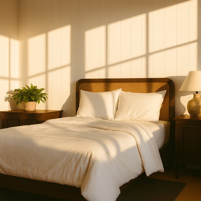Cozy sunlit bedroom with natural bedding and warm wooden furniture, creating a calm and inviting atmosphere.
