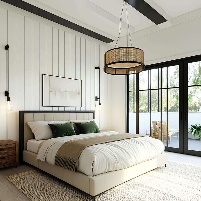 Modern bedroom with natural light and breathable bedding materials for hot sleepers, featuring organic sheets and a lightweight comforter for cool, restful sleep.