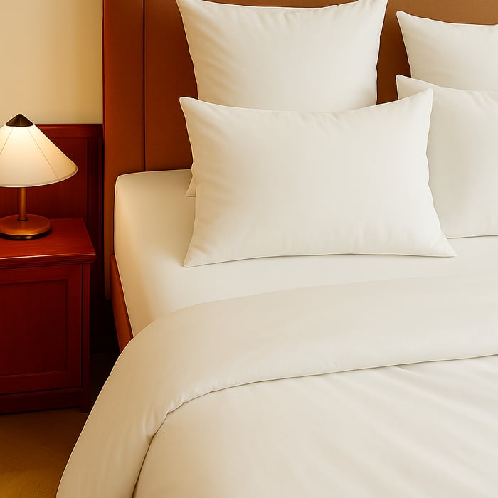 Close-up of a neatly made white bed showing soft, cooling bedding designed to help hot sleepers stay comfortable.