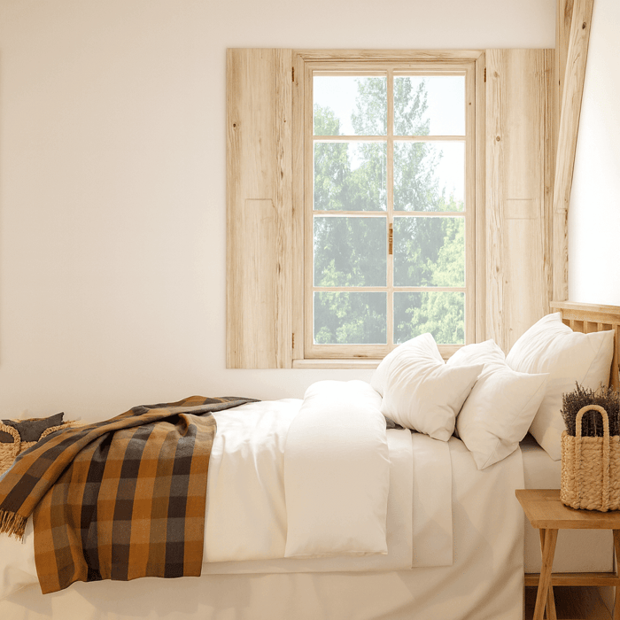 Woman stretching on organic comforter and wool bedding in a field, symbolizing deep restorative sleep