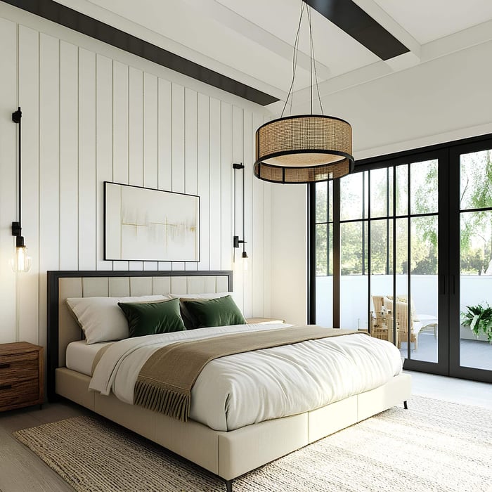 Modern bedroom with natural light and breathable bedding materials for hot sleepers, featuring organic sheets and a lightweight comforter for cool, restful sleep.