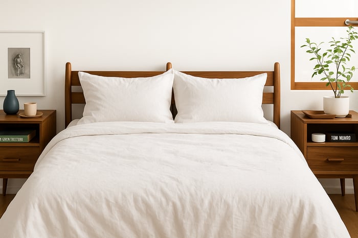 Wool vs bamboo duvets comparison – minimalist bedroom with white wool bedding on wooden frame, showing breathable natural materials for cooler sleep