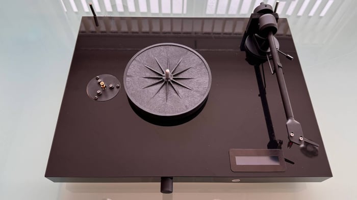 Pro-Ject Juke Box E1 viewed from above, showcasing its classic design.