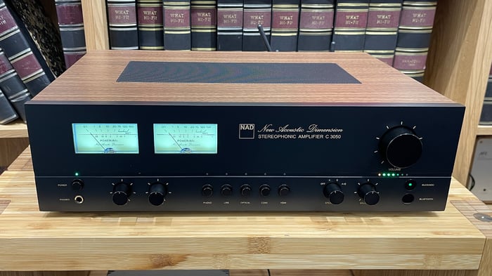 NAD C 3050 with MDC2 BluOS-D Module on Wooden Hi-Fi Rack