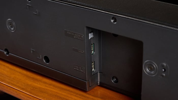 Samsung HW-Q800F ports underneath the soundbar and compact subwoofer
