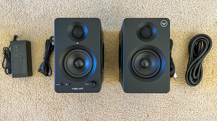 Vigilant Audio SwitchOne speakers on carpeted floor