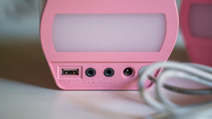 Close-up of Edifier G2000 speakers in pink