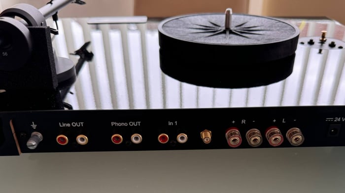 All main inputs, including line out, phono output, and speaker terminals, are neatly arranged on the rear panel.