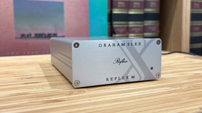 Graham Slee Reflex M phono stage on wooden surface