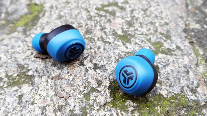 Close-up of JLab Go Air earbuds with touch controls