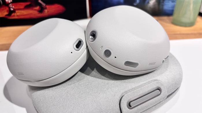 Sony 1000X The Collexion wireless headphones on top of case showing controls and design