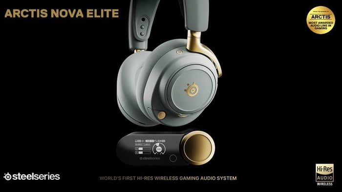 SteelSeries Arctis Nova Elite headset in sage and gold featuring premium build