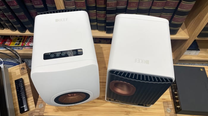 KEF LS50 Wireless II speakers in white finish, top-down angle