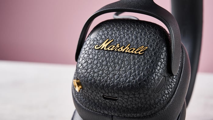 Close-up of Marshall logo on Milton ANC headphones