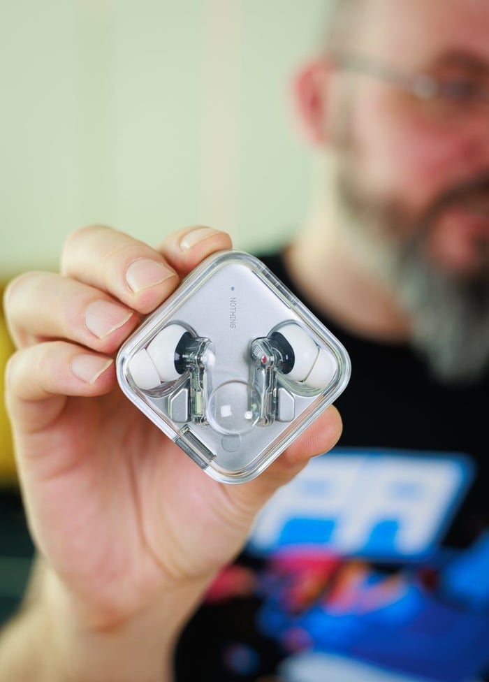 Nothing Ear (3) charging case with metallic base and Super Mic button