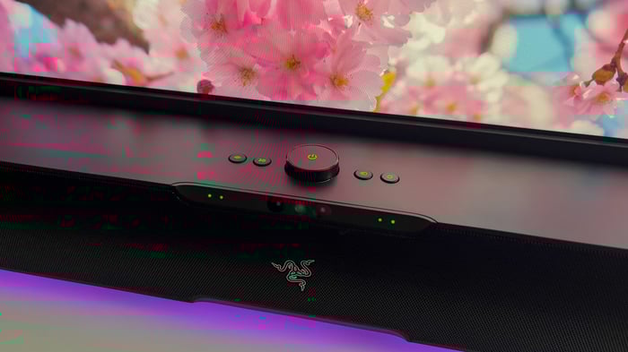 Powerful subwoofer tucked neatly under the desk.