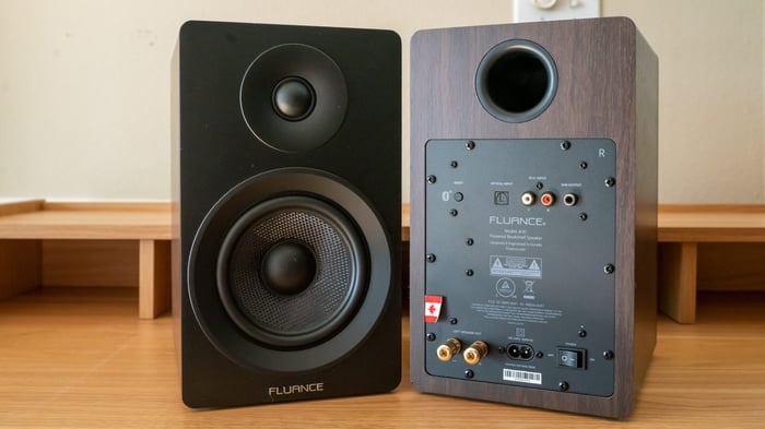 Fluance Ai41 speaker showing bass reflex ports on rear