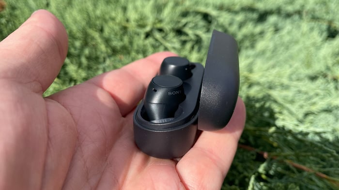 Sony WF-C510 earbuds in case held above grass