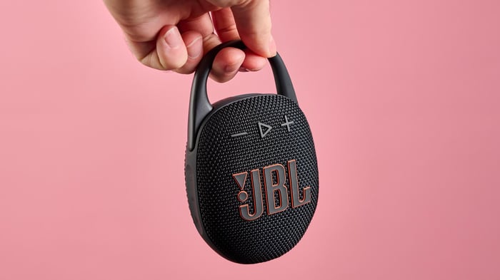 JBL Clip 5 held by carabiner
