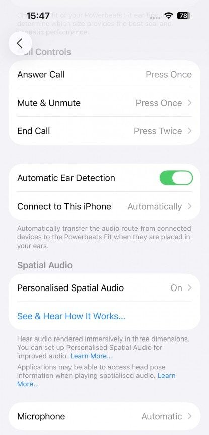iOS Settings - Powerbeats Fit