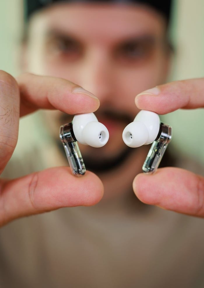 Nothing Ear (3) earbuds close-up showing 12-mm driver