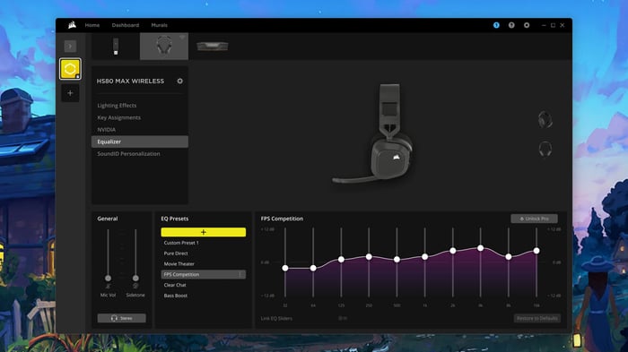 Equalizer settings in iCue software for custom sound tuning.