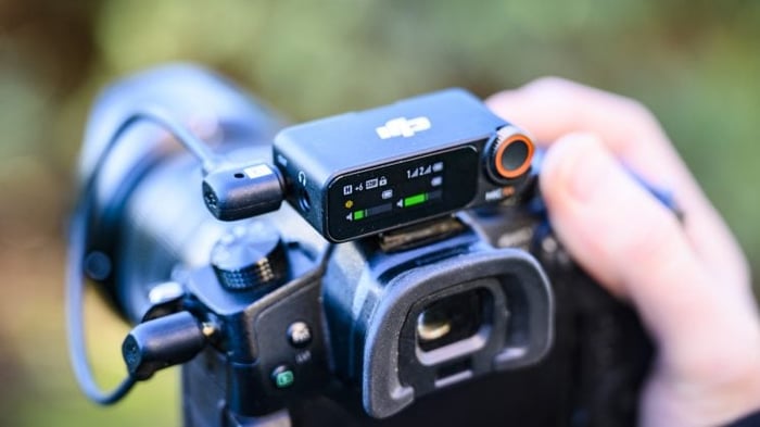 DJI Mic 2 receiver attached to mirrorless camera