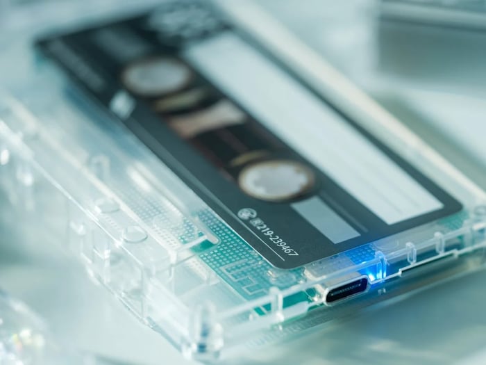Side A Cassette Speaker sitting on desk