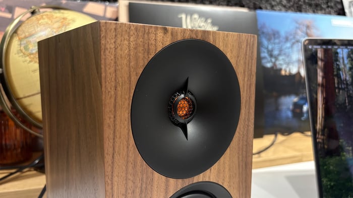 Close-up on the bright orange tweeter dome.