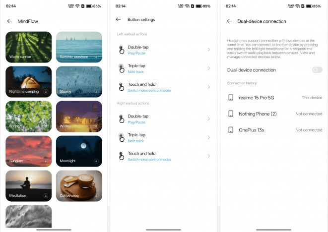 Settings menu in Realme Link, showing device color and controls