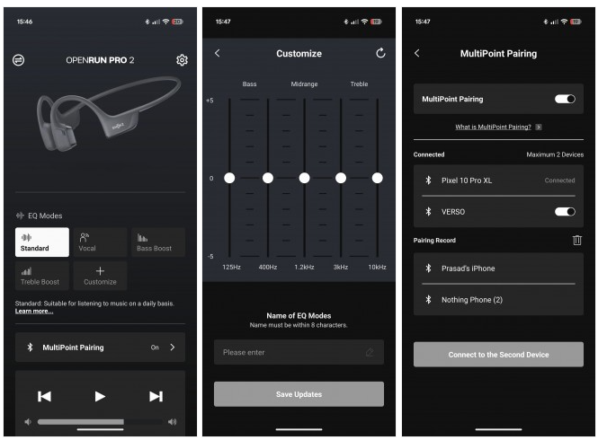 EQ settings and multipoint pairing in app