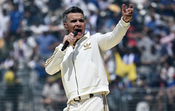 Robbie Williams performing during his UK tour.