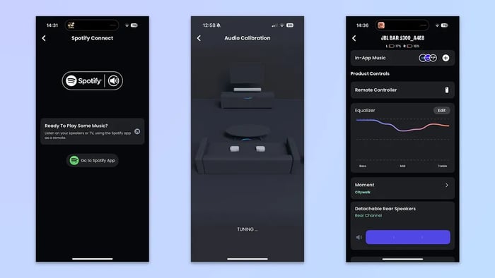 JBL One app interface showing calibration and control