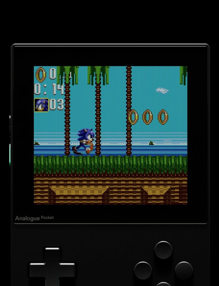 Side view of Analogue Pocket handheld gaming console.