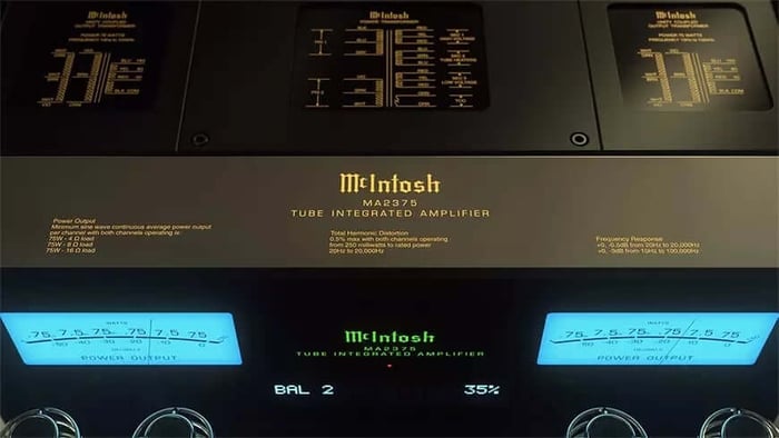 McIntosh MA2375 amplifier showing illuminated VU meters