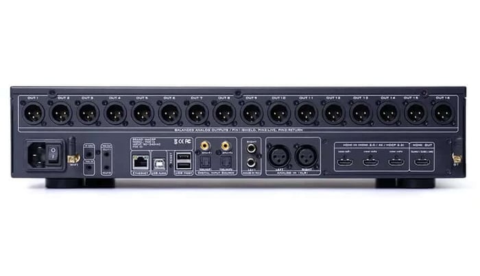Back panel of miniDSP Tide16 showing input/output ports