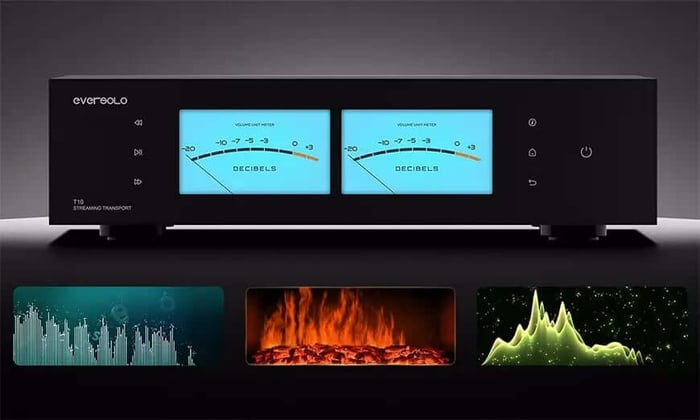 Front panel highlights the large touchscreen display and sleek design of the Eversolo T10
