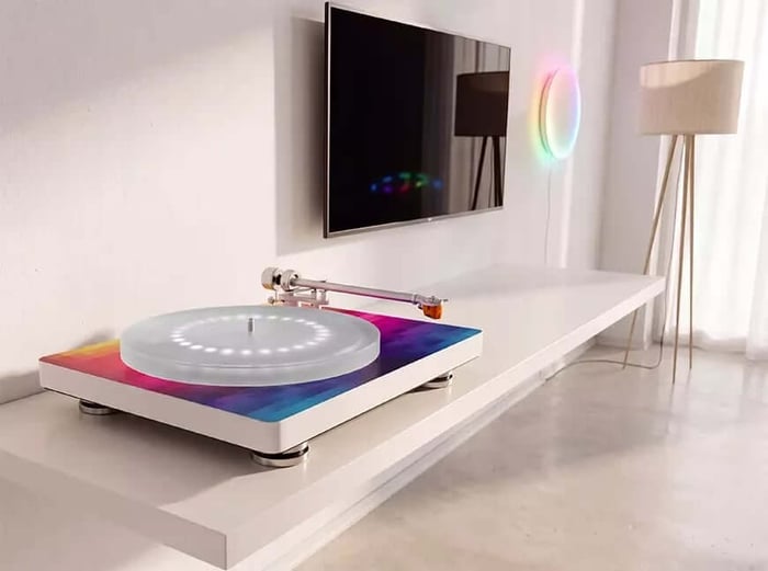 Close-up of Clearaudio GT Compass Gaming Turntable with acrylic platter and LED lighting