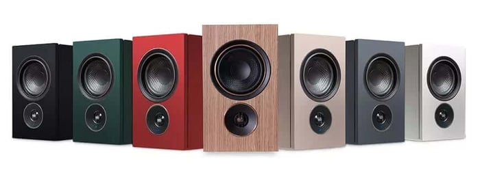 PSB iQ2 wireless speakers with colorful finishes